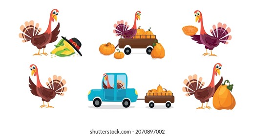 Vector cartoon set of turkey character with corn, m car, in a trailer, with a pie and pumpkin. Thanksgiving holiday.