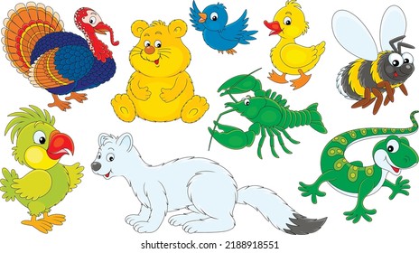 Vector cartoon set of a turkey, hamster, parrot, sparrow, duckling, crawfish, humblebee, lizard and ermine