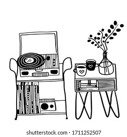 vector cartoon set: two coffee table with record player, records, bouquet in vase, cups and books