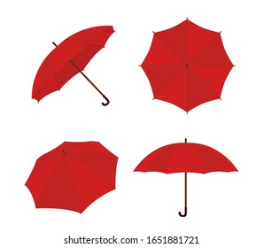 Vector cartoon set of umbrella. Red parasol in different views, waterproof device with handle.