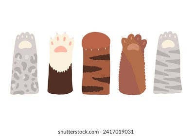 Vector cartoon set of various cute cat paws with soft pads and claws. Funny paws raised up. A flat illustration isolated on a white background.