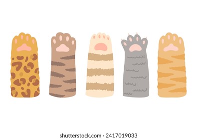 Vector cartoon set of various cute cat paws with soft pads and claws. Funny paws raised up. A flat illustration isolated on a white background.