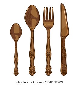 Vector Cartoon Set of Vintage Bronze Cutlery. Knife, Fork, Spoon, Tea-spoon