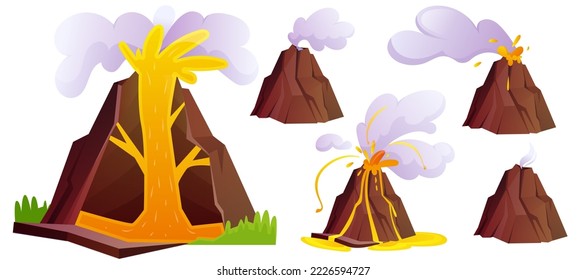 Vector cartoon set of volcanic eruption stages. Natural volcano erupts with ash, gases, hot lava, fire and clouds of smoke. Mountain rocky hills with flow magma and crater isolated on white background