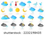 Vector cartoon set of weather forecast icons. The concept of weather and weather forecast. Symbols of the sun, clouds, rain, rainbows, etc.
