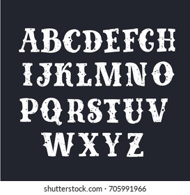 Vector cartoon set of western style font in white color on black background. Retro decorative lettering alphabet. Capital upper serif ABC