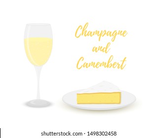 Vector cartoon set of wine and cheese. Champagne with camembert. Natural dairy product with alcohol.