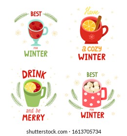 Vector cartoon set of winter drinks with lettering isolated on white. Set of cups, mugs and glasses with soft warm drinks for winter poster use for cards, banners, website