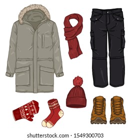 Vector Cartoon Set of Winter Men Clothes.