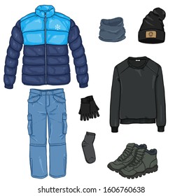 Vector Cartoon Set of Winter Men Clothes. Sport Style.