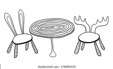 vector cartoon set of wooden table with animal-chairs 