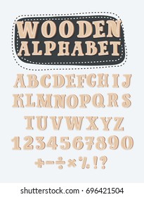 Vector cartoon set of Wooden uppercase capital alphabet, numbers and sights. Division, exclamation point, multiplication, percent, equals, minus in black color