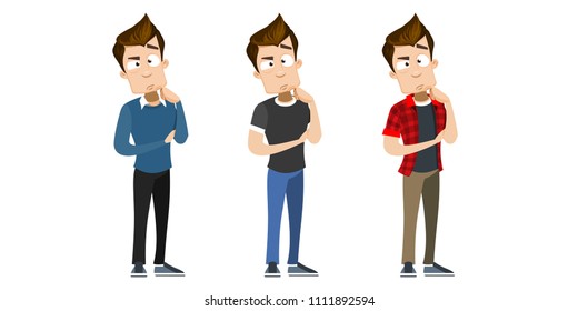 Vector cartoon set of young smiling guy in casual clothes. Character thinking. Vector illustration in cartoon flat style, isolated on a white background.
