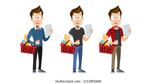 Vector cartoon set of young smiling guy in casual clothes. Character buying foods in grocery store, holding shopping basket. Vector illustration in cartoon flat style, isolated on a white background.
