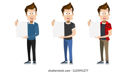 Vector cartoon set of young smiling guy in casual clothes. Character shows a sheet with the contract. Vector illustration in cartoon flat style, isolated on a white background