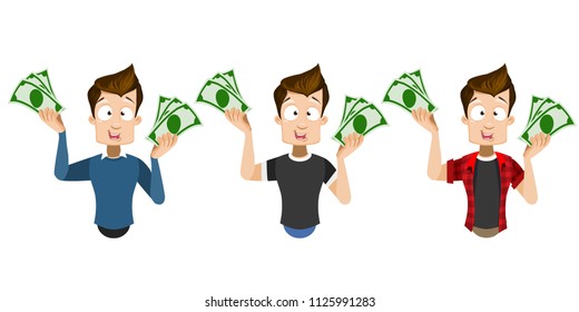 Vector cartoon set of young smiling guy in casual clothes. Character with banknotes of money in his hands. Vector illustration in cartoon flat style, isolated on a white background