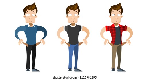 Vector cartoon set of young smiling guy in casual clothes. Character with pockets turned outward, having no money. Vector illustration in cartoon flat style, isolated on a white background