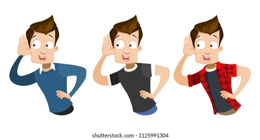 Vector cartoon set of young smiling guy in casual clothes. Character listening something. Vector illustration in cartoon flat style, isolated on a white background.