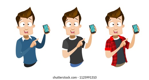 Vector cartoon set of young smiling guy in casual clothes. Character showing the smartphone. Vector illustration in cartoon flat style, isolated on a white background.
