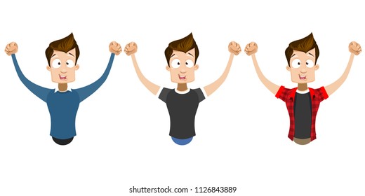Vector cartoon set of young smiling guy in casual clothes. Character with arms raised. Vector illustration in cartoon flat style, isolated on a white background.
