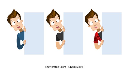 Vector cartoon set of young smiling guy in casual clothes. Character peeping over blank poster. Vector illustration in cartoon flat style, isolated on a white background.
