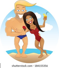 Vector cartoon sexy guy and girl on the beach