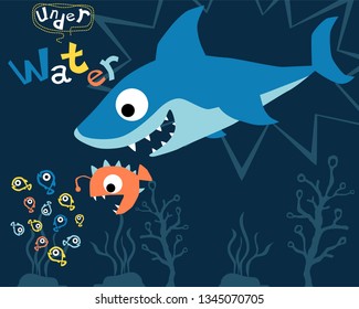 Vector cartoon of shark hunting anglerfish, anglerfish hunting little fishes