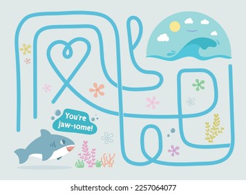 Vector cartoon shark and ocean  puzzle. Pun. Vector illustrations for children books. Labyrinth. Educational game for children.