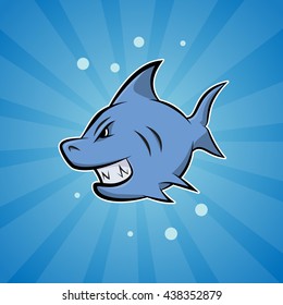 Vector cartoon shark on blue background.