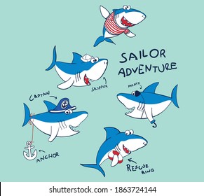 vector cartoon sharks illustration for kids t shirt prints