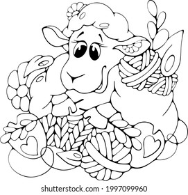 Vector Cartoon Sheep knitting with flowers. Cute doodle isolated black and white stock digital illustration for children coloring, books, kids fashion prints, cards, mugs or logo
