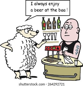 Vector cartoon of sheep ordering drink in hotel bar. The bartender is polishing glasses and has a bored expression. 