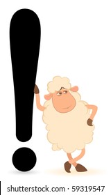 Vector cartoon sheep pushes a exclamation mark on a white background