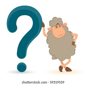 Vector cartoon sheep pushes a question-mark on a white background