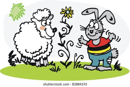 Vector cartoon of sheep and rabbit