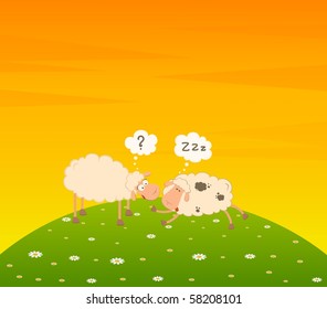Vector cartoon sheep sleeps on a grass