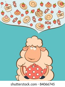 Vector cartoon sheep with sweet cakes and tea