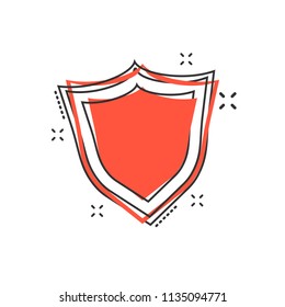 Vector cartoon shield protection icon in comic style. Protect sign illustration pictogram. Defence business splash effect concept.