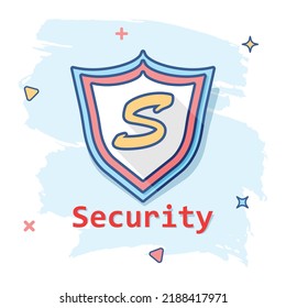 Vector cartoon shield protection icon in comic style. Protect security sign illustration pictogram. Defence business splash effect concept.