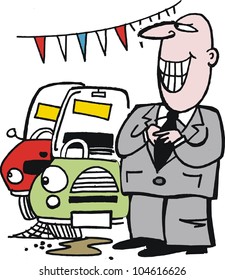 Vector cartoon of shifty car salesman with vehicles.