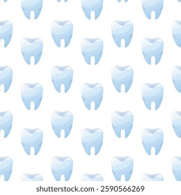 Vector cartoon Shiny white tooth, seamless pattern on white background. Clean and healthy molar illustration for dental care, oral hygiene, and stomatology concepts.