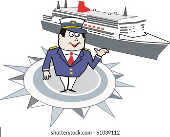 Vector cartoon of ship's captain standing on compass rose with cruise liner in background.