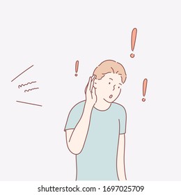 Vector cartoon of shocked young man in casual clothes. Character listening something.Hand drawn style vector design illustrations.