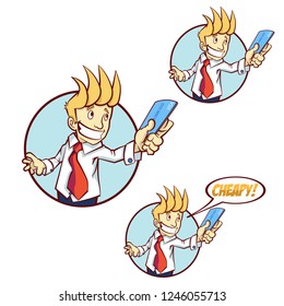 vector cartoon shop worker with credit card say there is a big discount 