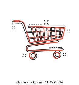 Vector cartoon shopping cart icon in comic style. Shop bag sign illustration pictogram. Mall business splash effect concept.