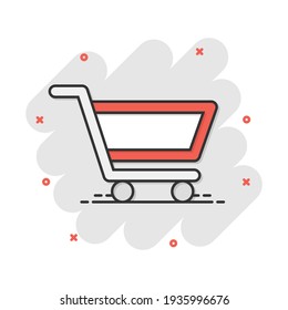 Vector cartoon shopping cart icon in comic style. Shop bag sign illustration pictogram. Mall business splash effect concept.