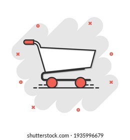 Vector cartoon shopping cart icon in comic style. Shop bag sign illustration pictogram. Mall business splash effect concept.