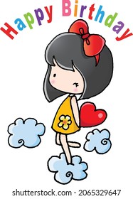 vector cartoon short hair girl hold heart shape happy birthday card