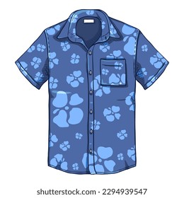 Vector Cartoon Short Sleeve Hawaiian Men Shirt with Blue Flower Pattern