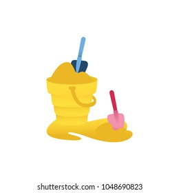 Vector cartoon shovel in sandbox bucket scoop in sand. baby toys. Traveling summer vacation, Plastic elements infant children. Kids education development object Isolated illustration white background